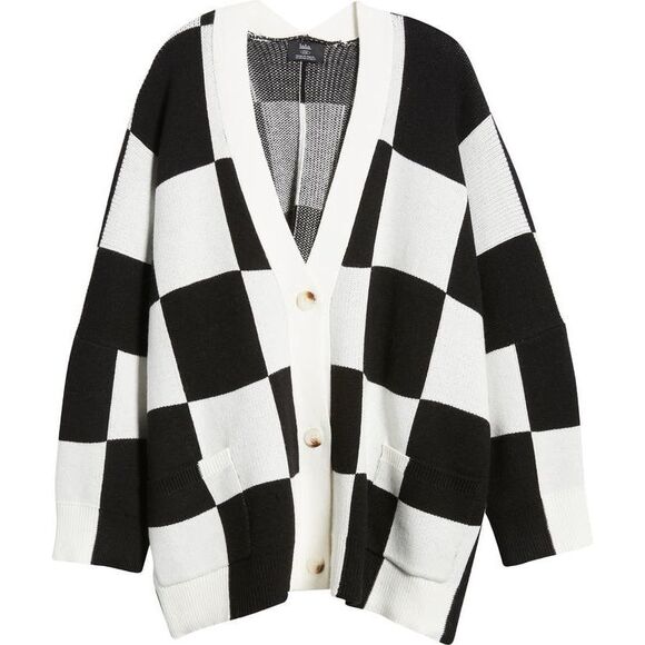 Dressed In LALA Women's Black & White Checkerboard Oversized Cardigan L/XL NWOT - Picture 1 of 11